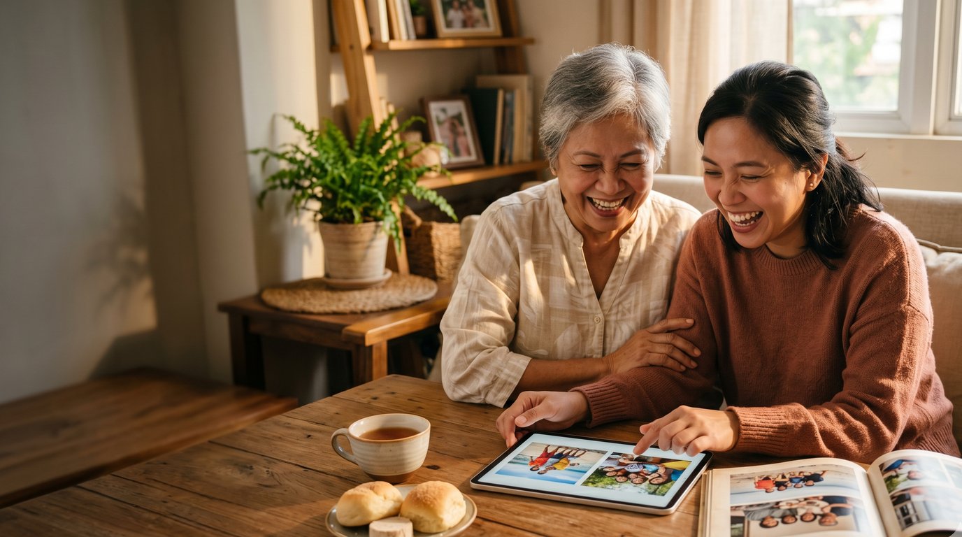 Filipino grandmother and adult daughter laughing together at a tablet showing a page-turning digital photo book, with the printed Moments hardcover open beside them on a warm wooden table