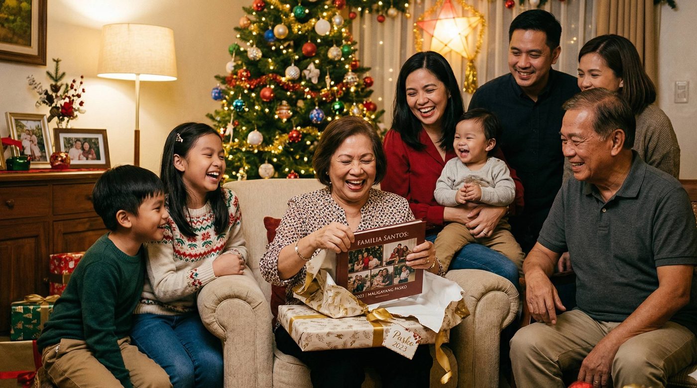 Filipino family receiving a custom photo book as a Christmas gift
