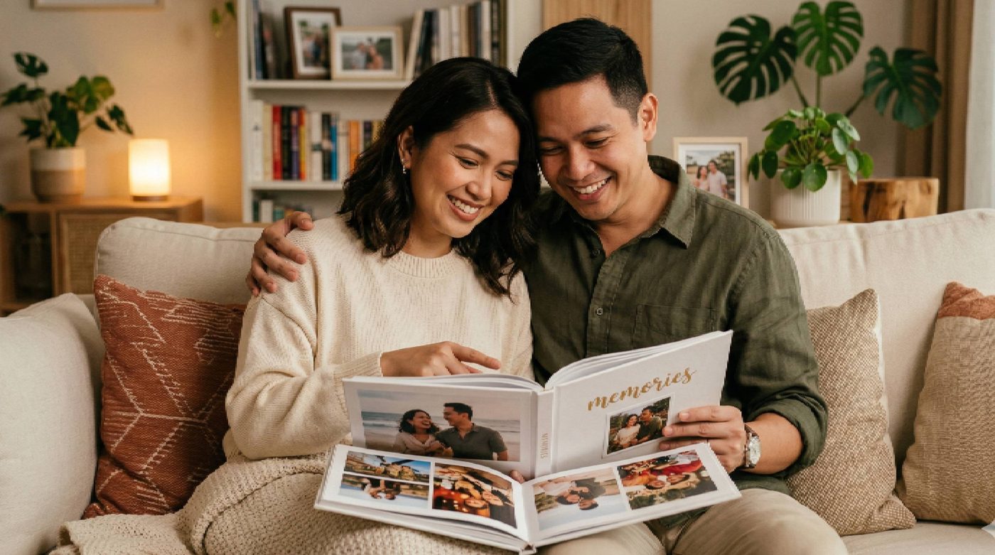 Filipino couple holding a custom photo book