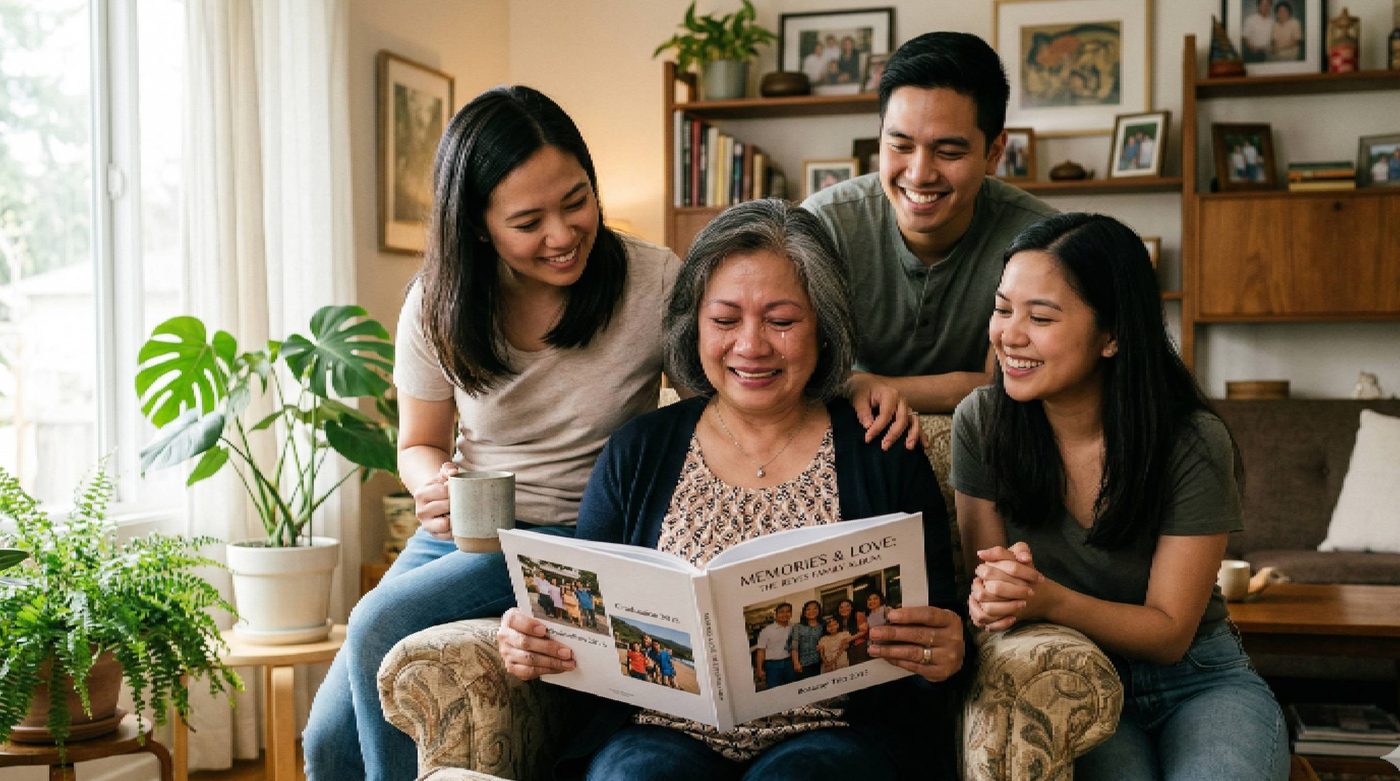 Filipino parent and adult child looking at a photo book
