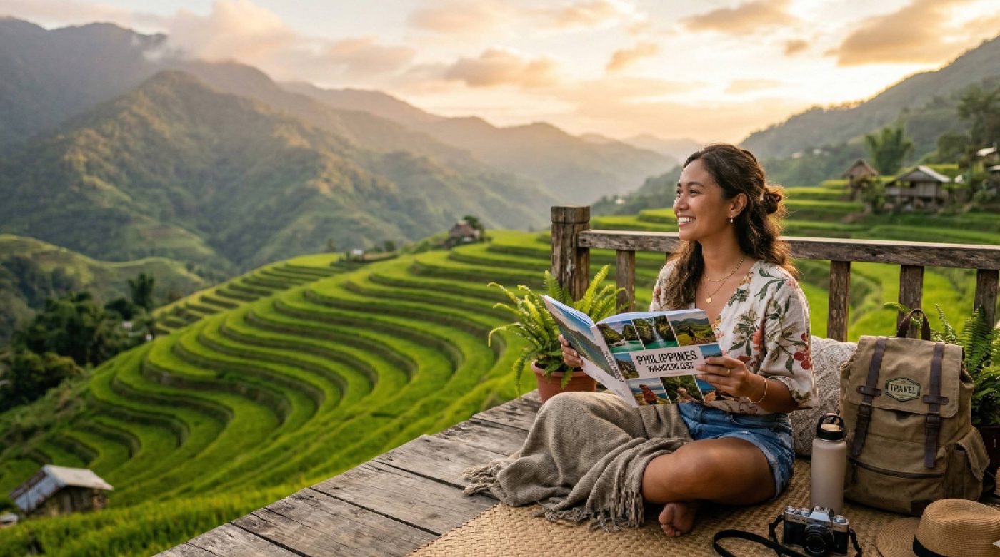Filipino traveler looking through a travel photo book