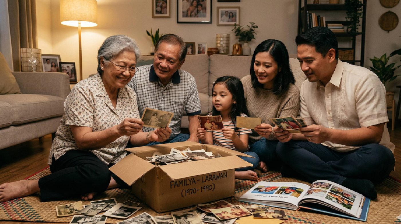 Filipino family looking at old printed photographs together