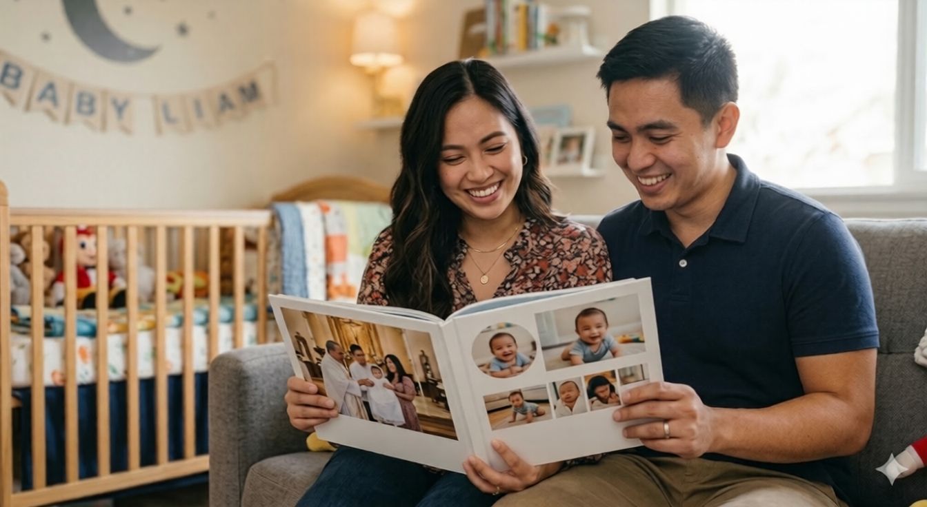 Filipino family holding a baby milestone photo book