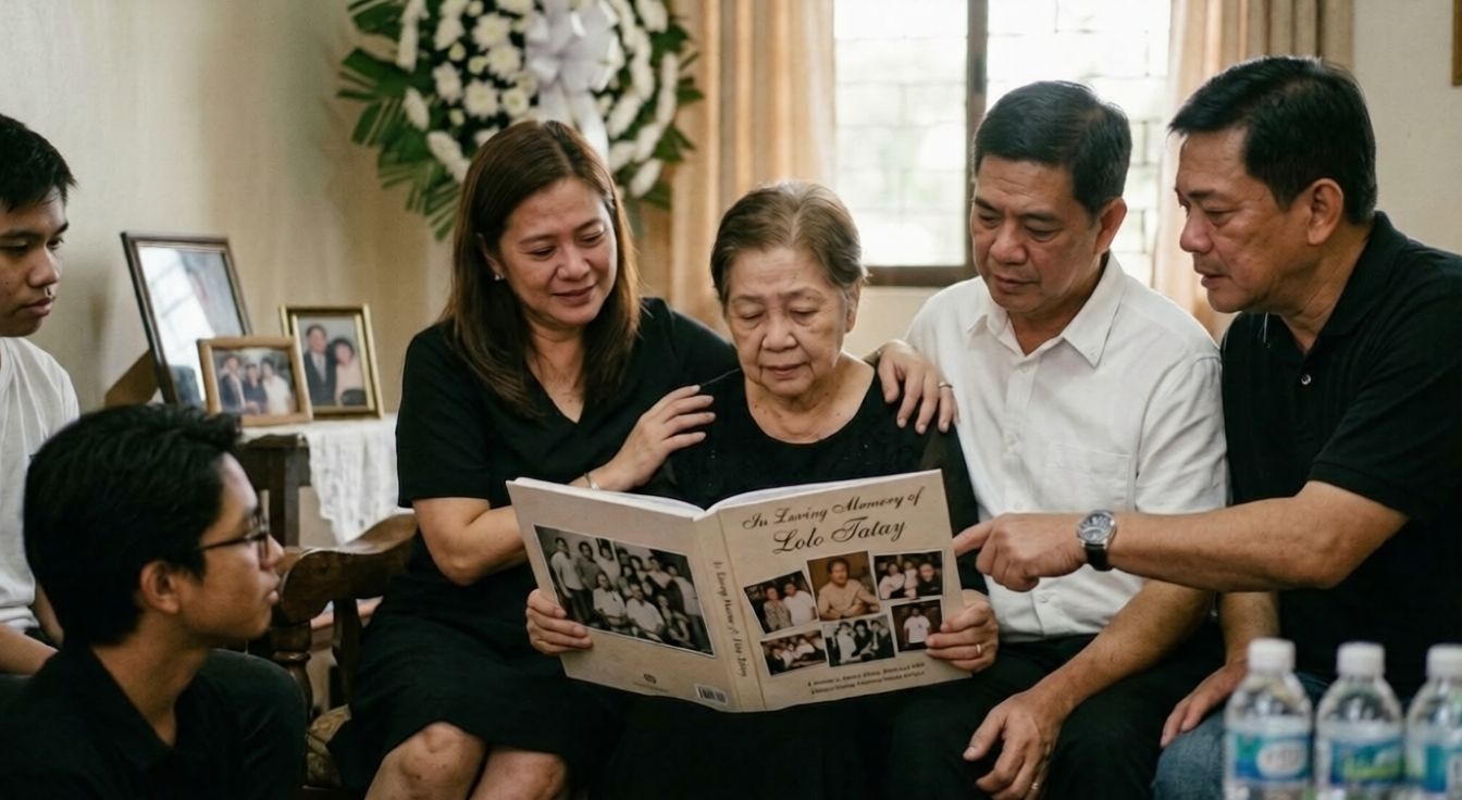 Filipino family with a memorial tribute photo book for Undas