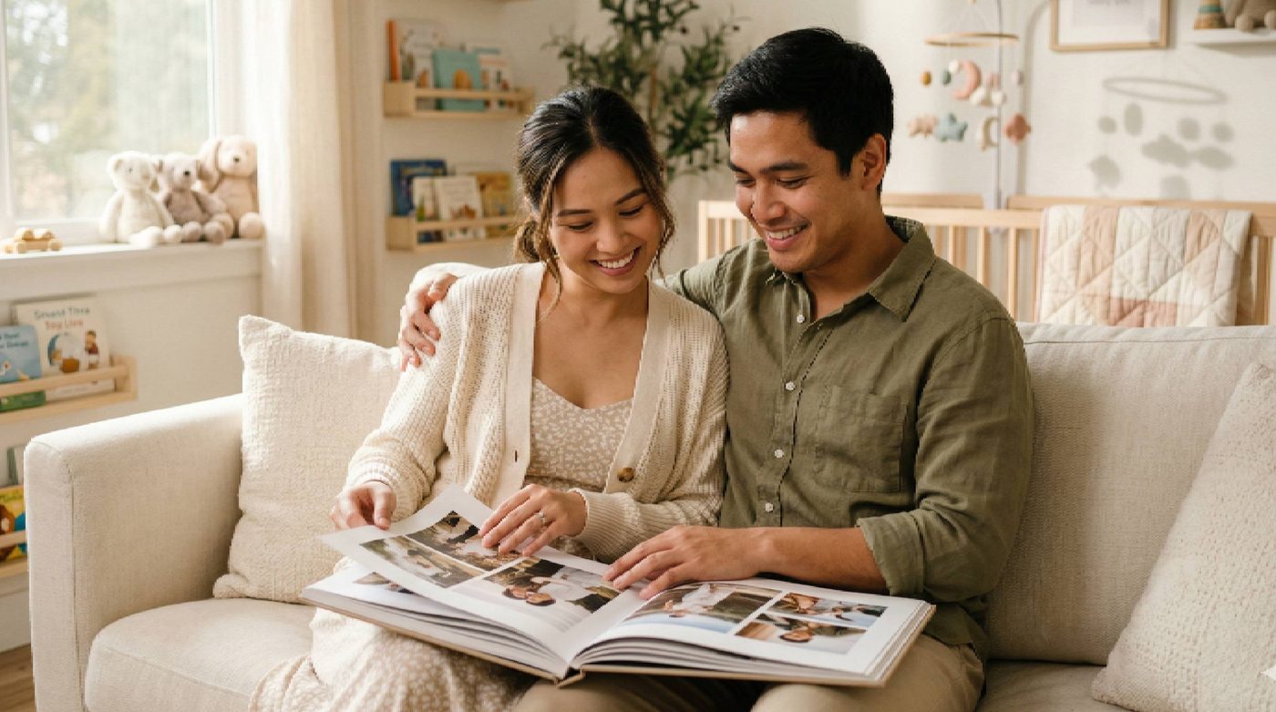 Filipino parents with baby milestone photo book