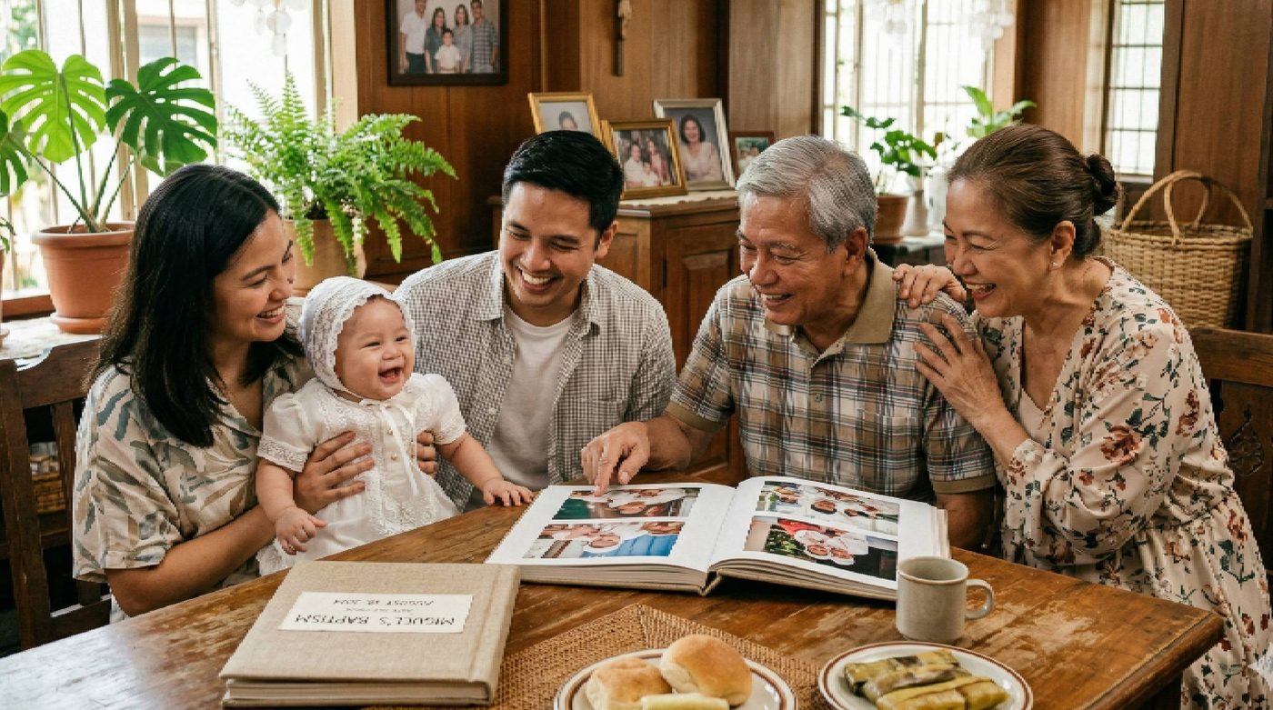 Filipino baby in baptismal gown with family at christening