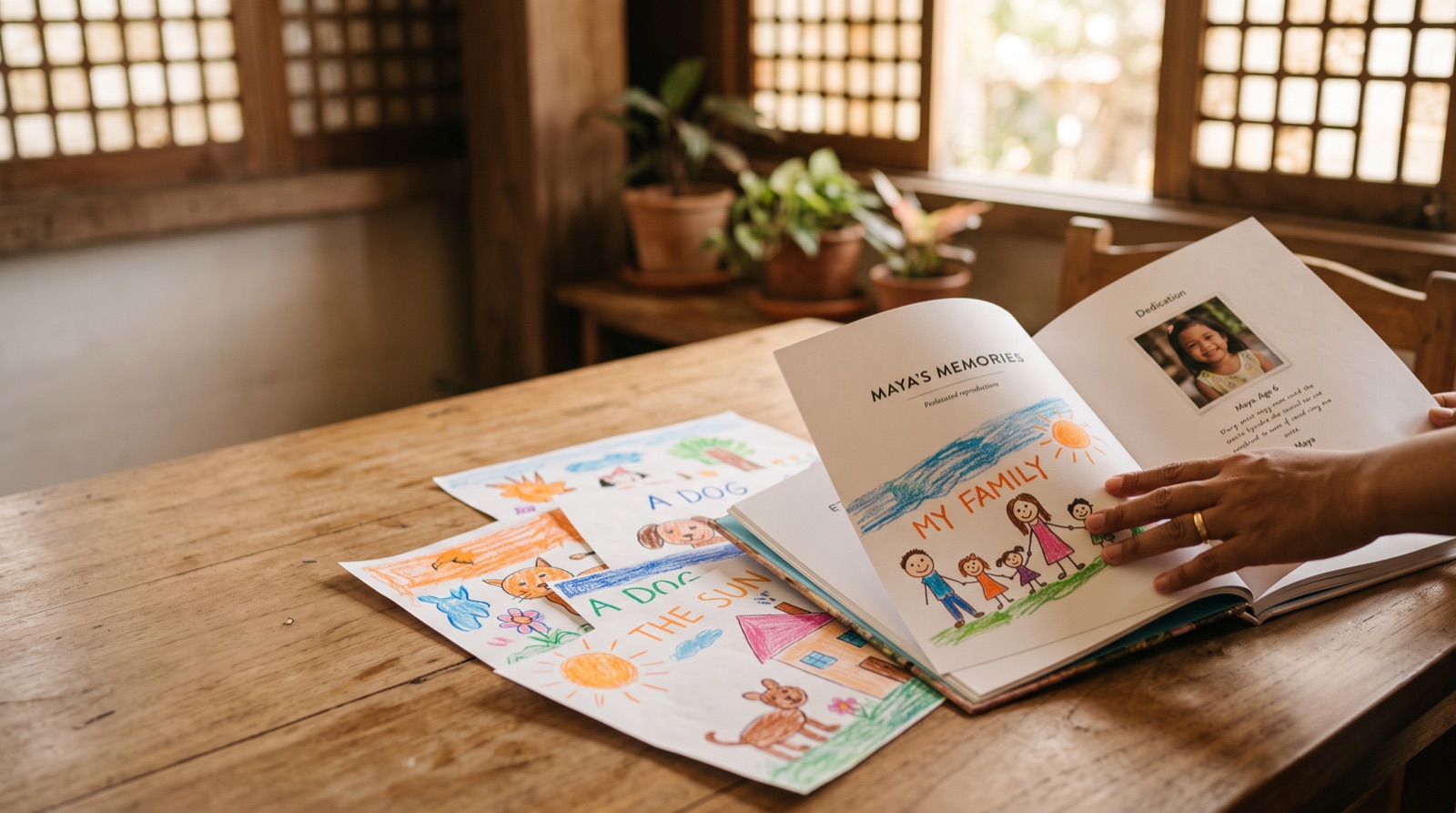A child's crayon drawings on a wooden table beside an open custom keepsake art book reproducing the same artwork, with a dedication page and photo, Philippines